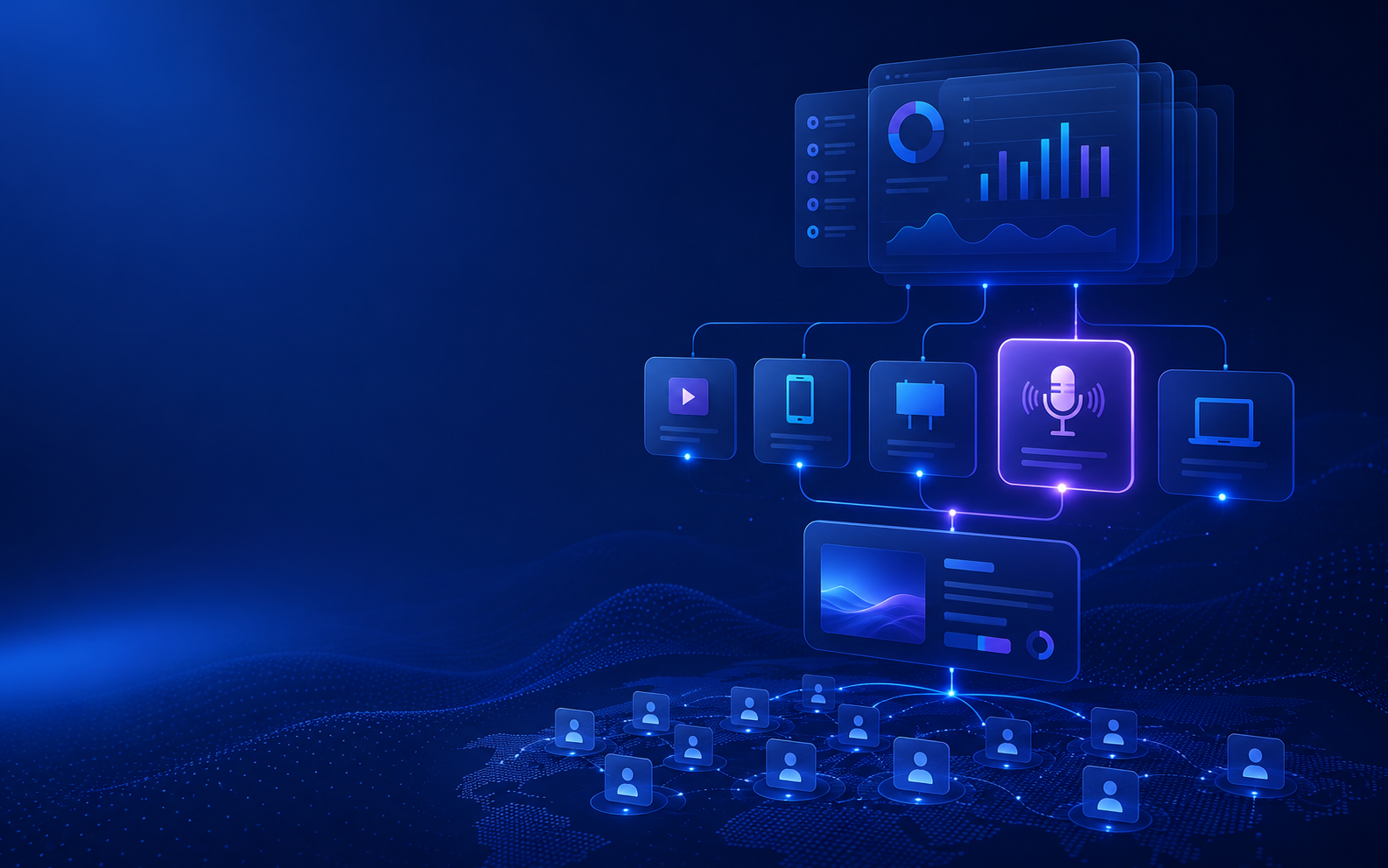 agency ecosystem illustration + dashboard screenshot