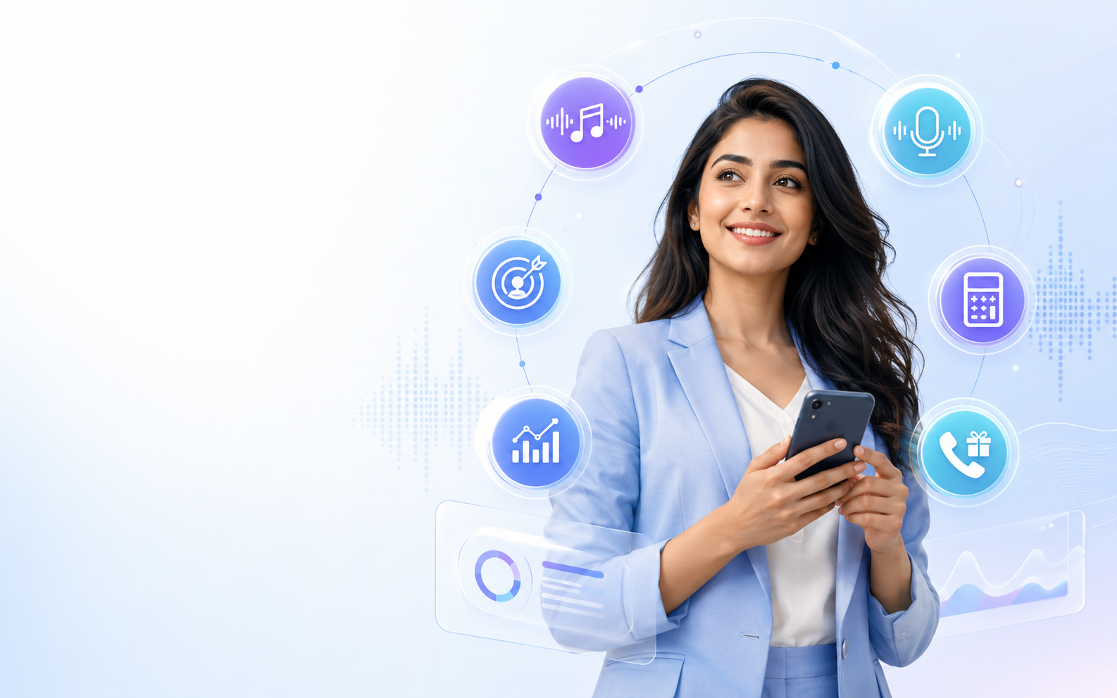 Custom hero illustration: girl holding mobile with circular feature icons